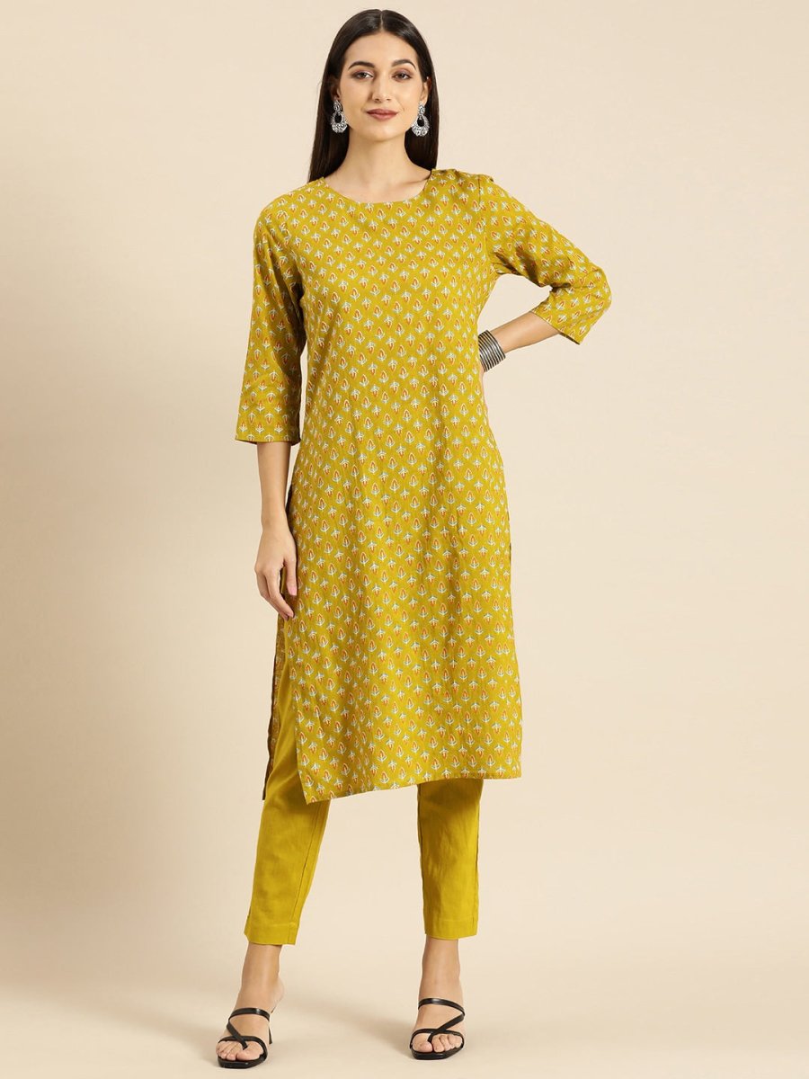 All About You Women Olive Green Ethnic Motifs Print Pure Cotton Kurta with Trousers - Distacart