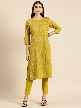 All About You Women Olive Green Ethnic Motifs Print Pure Cotton Kurta with Trousers - Distacart