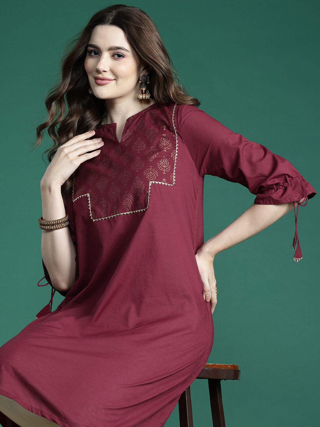 Sangria Ethnic Motifs Printed Gotta Patti Pure Cotton Kurta - Distacart