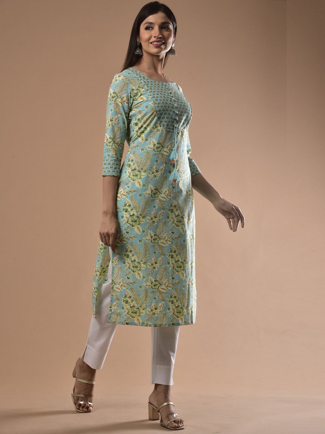 Swasti Women Green Floral Printed Flared Sleeves Mirror Work Floral Kurta - Distacart