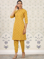 Thumbnail for Ode by House of Pataudi Ethnic Motifs Printed Band Collar Pure Cotton Kurta with Trousers - Distacart