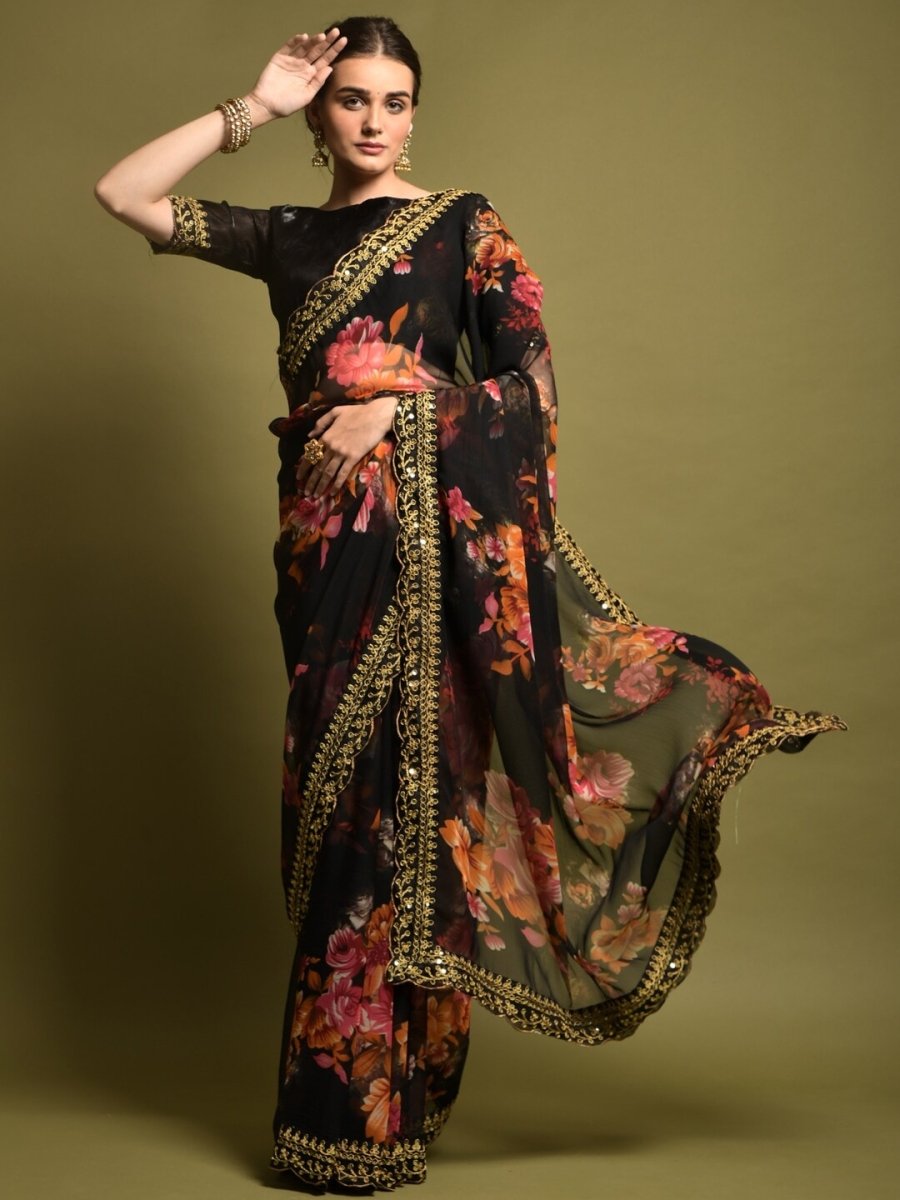 Anouk Black & Orange Floral Printed Embroidered Pure Georgette Saree - Distacart