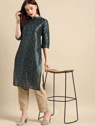 All About You Women Teal Blue Floral Block Print Mandarin Collar Chanderi Silk Blend Kurta - Distacart