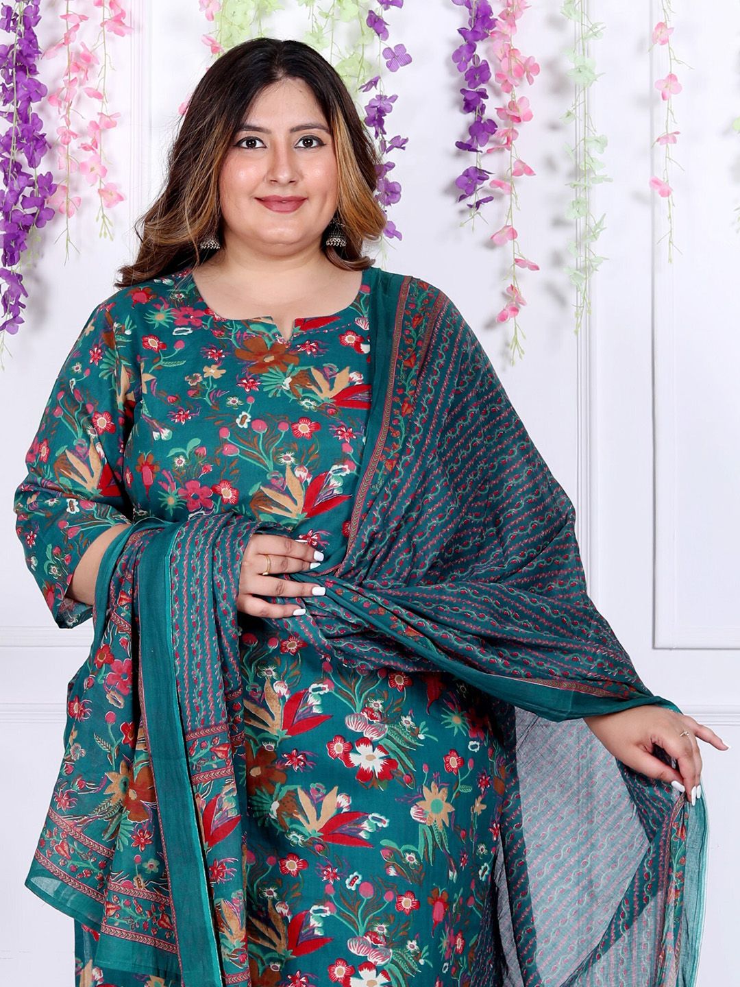 Swasti Plus Size Floral Printed Regular Pure Cotton Kurta with Trousers & Dupatta - Distacart
