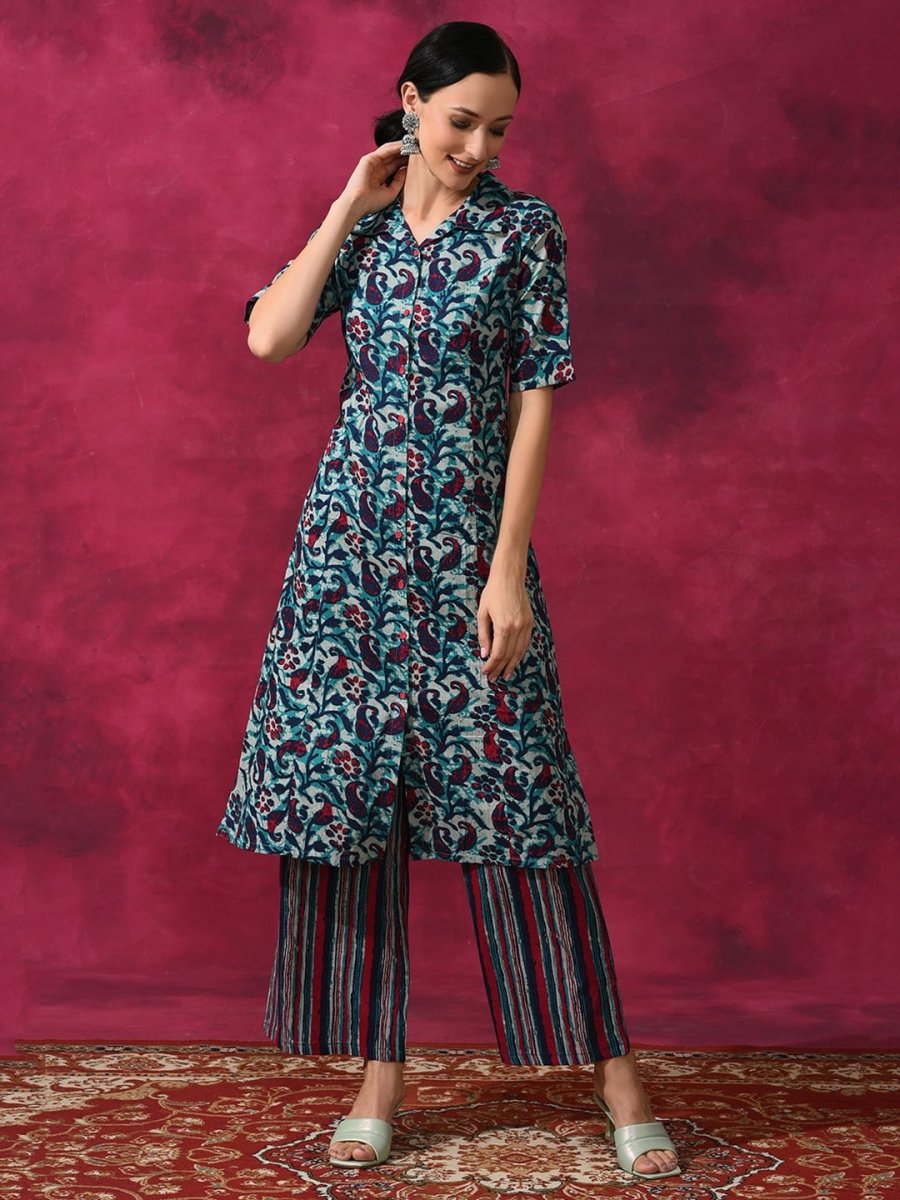 Aks Ethnic Motifs Printed Pure Cotton A-line Kurta with Palazzos - Distacart