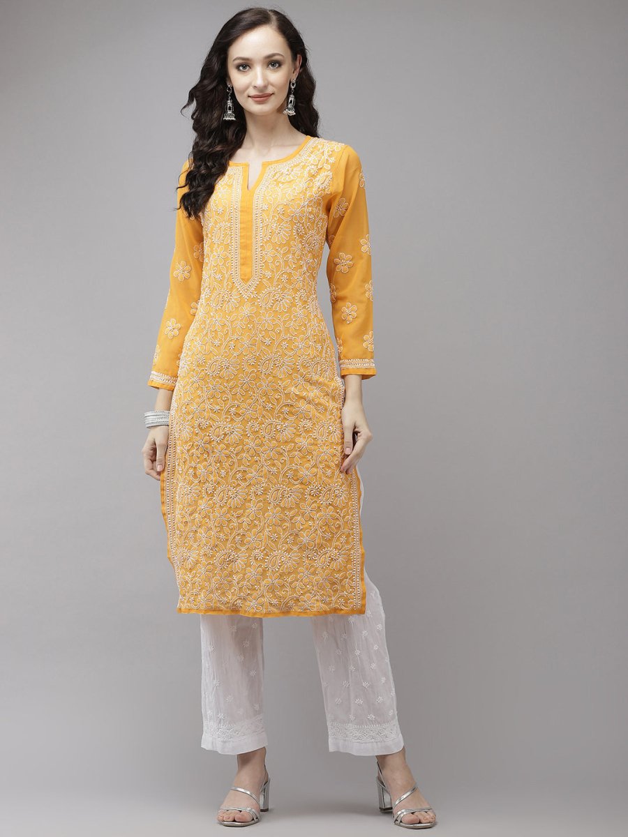 ADA Women Mustard Yellow Embroidered Regular Chikankari Handloom Kurta with Palazzos - Distacart