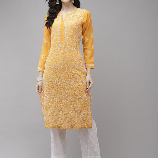 ADA Women Mustard Yellow Embroidered Regular Chikankari Handloom Kurta with Palazzos - Distacart