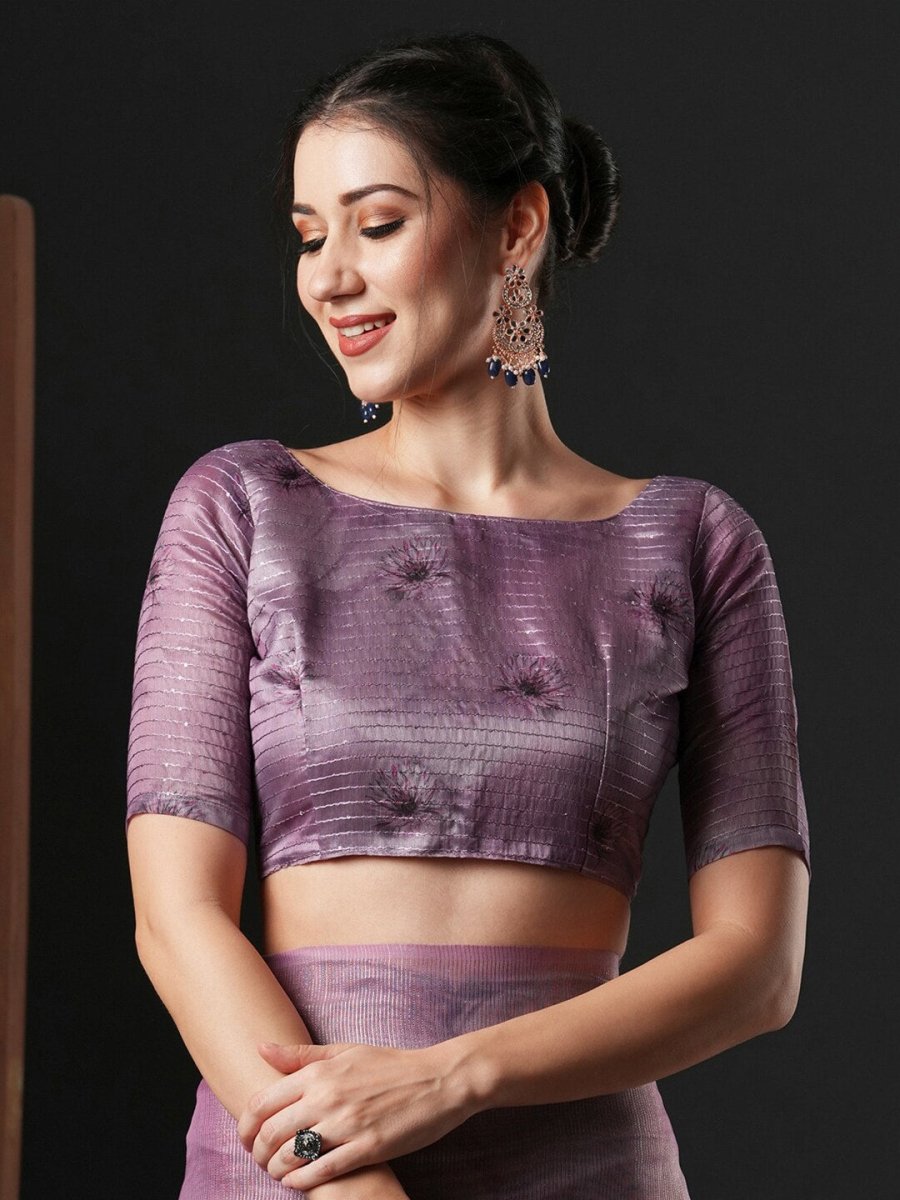 Anouk Mauve & Green Floral Printed Organza Saree - Distacart