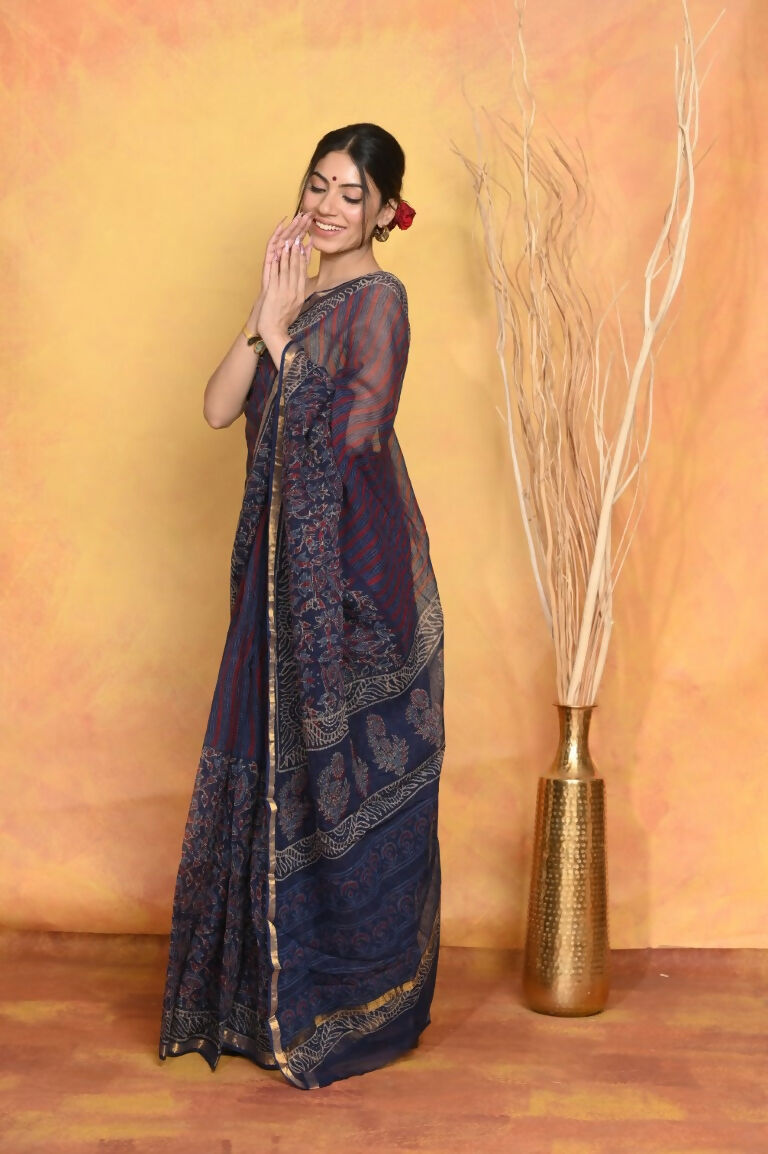 Very Much Indian Pure Kota Cotton Handblock Printed Saree - Dark Blue - Distacart
