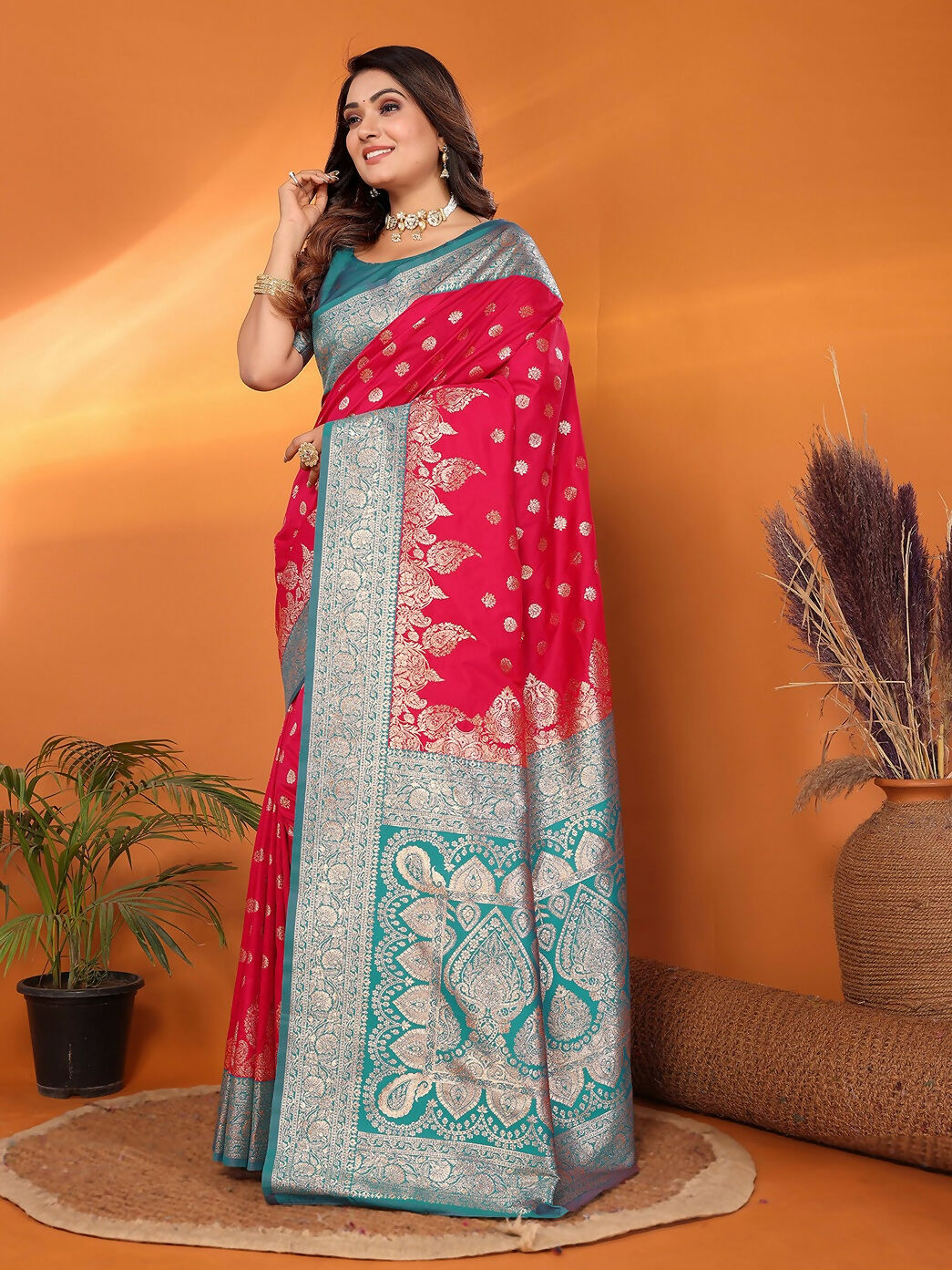 Joban Fashion Banarasi Hot Pink Woven Soft Silk Saree