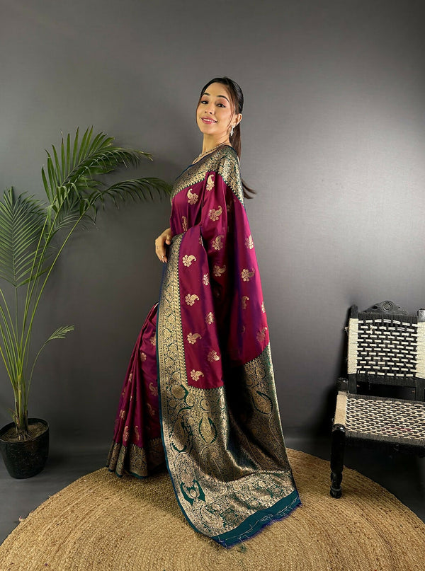 Joban Fashion Banarasi Rani Pink Woven Butti Soft Silk Saree