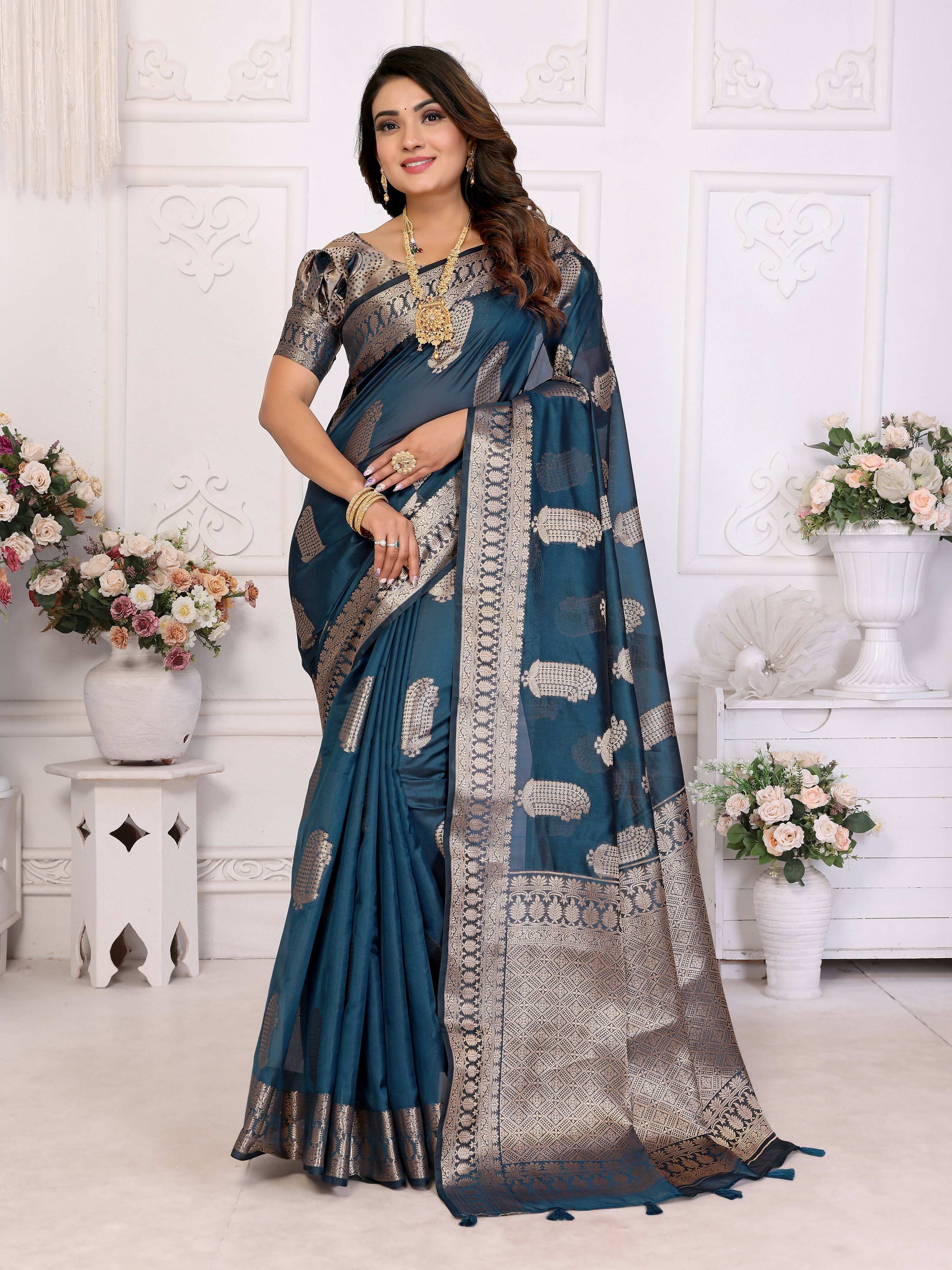 Aastha Fashion Teal Blue Soft Organza Silk Weaving Saree - Distacart