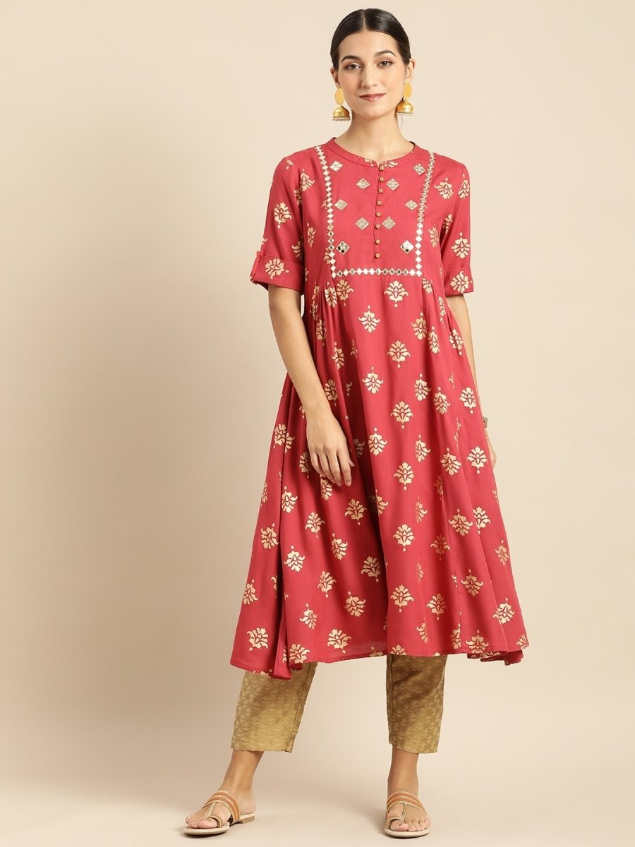 All About You Women Rust & Gold-Toned Ethnic Motifs Printed Mirror Work Kurta - Distacart