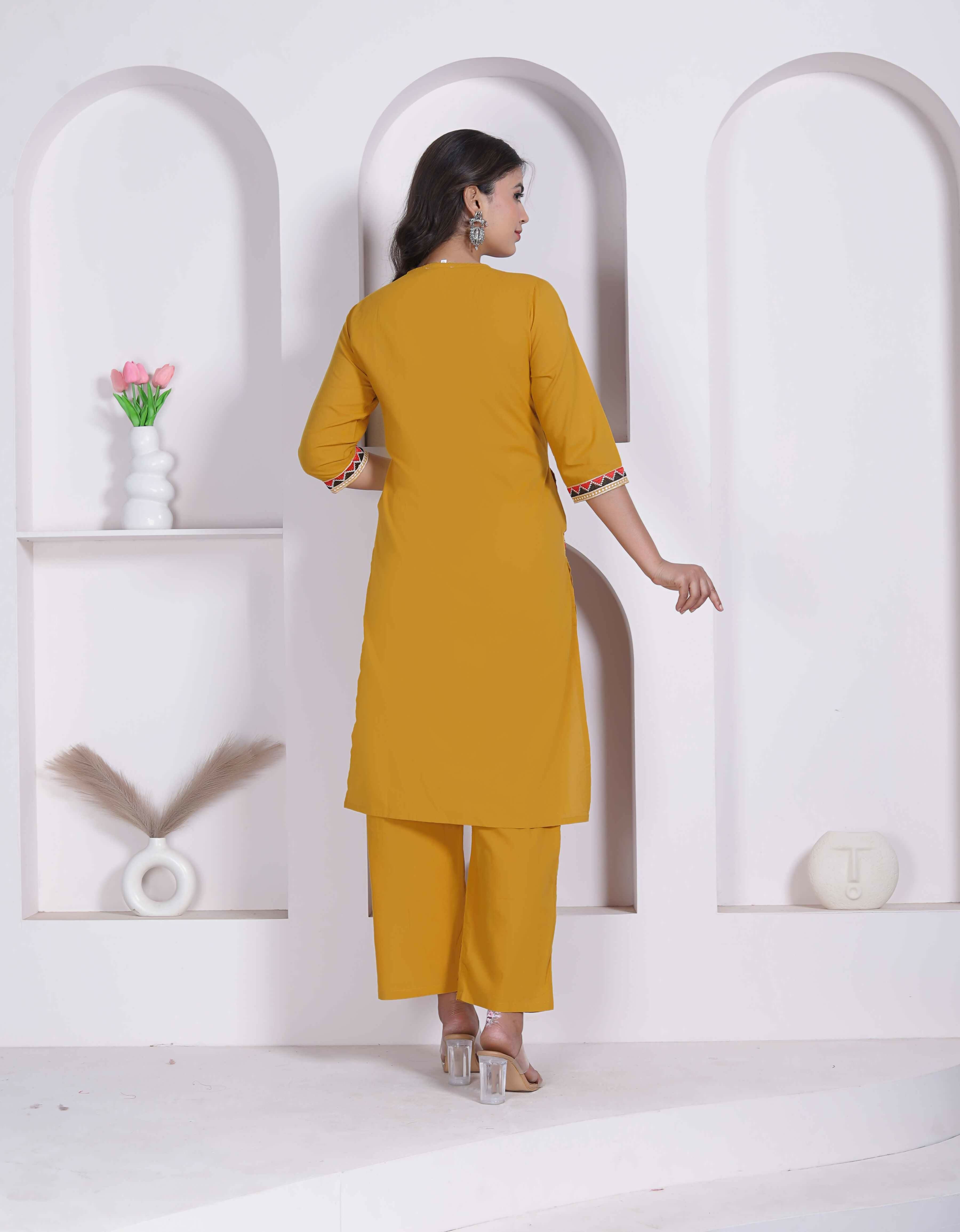 Miravan Womens Yellow Kurta And Palazzo Set - Dista