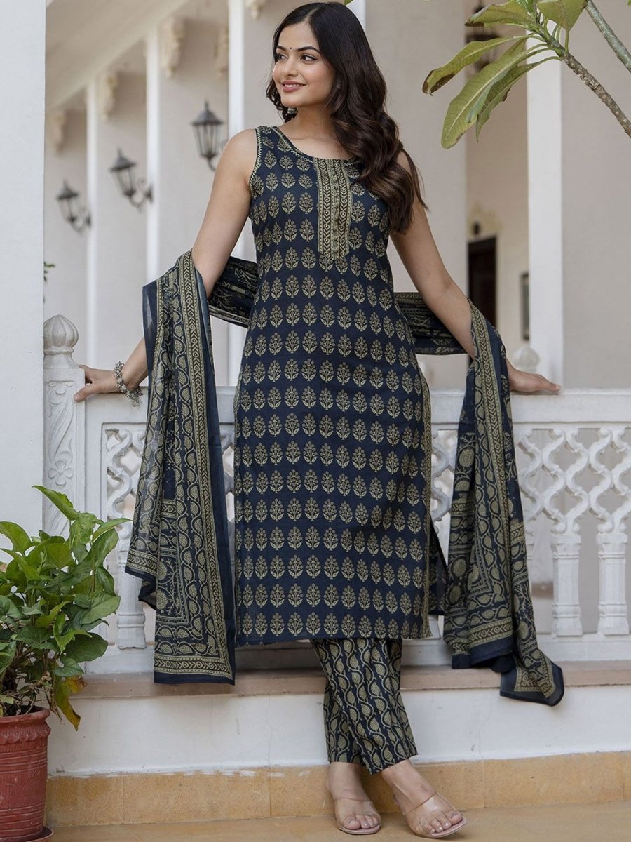 Anouk Ethnic Motifs Printed Regular Pure Cotton Straight Kurta With Trousers & Dupatta - Distacart