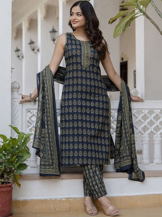 Anouk Ethnic Motifs Printed Regular Pure Cotton Straight Kurta With Trousers & Dupatta - Distacart