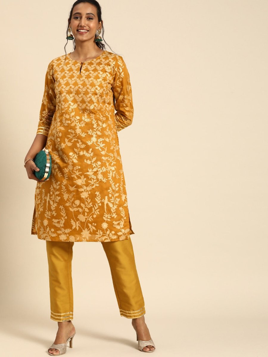 All About You Women Mustard Yellow Ethnic Motifs Printed Regular Kurta with Trousers - Distacart