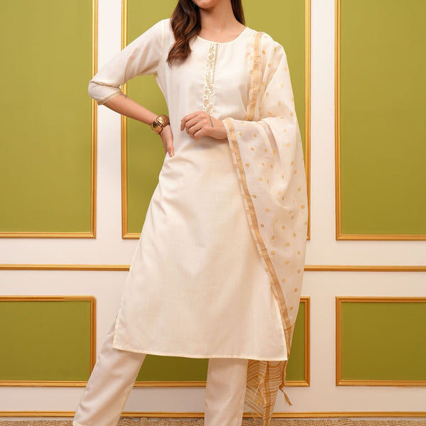 Vishudh Cream Regular Thread Work Kurta with Trousers & With Dupatta - Distacart