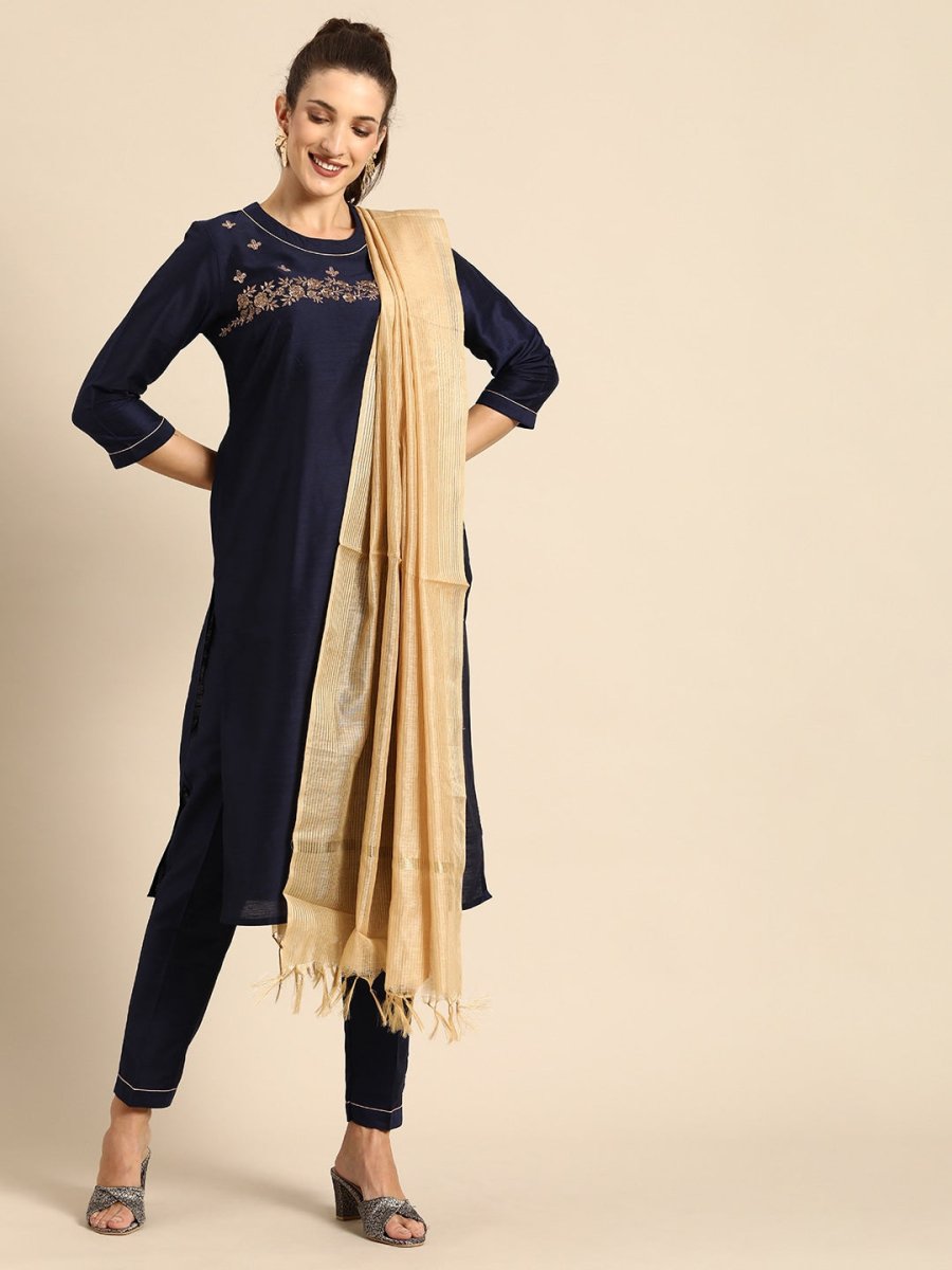 All About You Women Navy Blue Floral Thread Work Kurta with Trousers & With Dupatta - Distacart