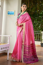 Thumbnail for Vishnu Weaves Women's Pink Raw Silk Patola Zari Woven Saree with Blouse