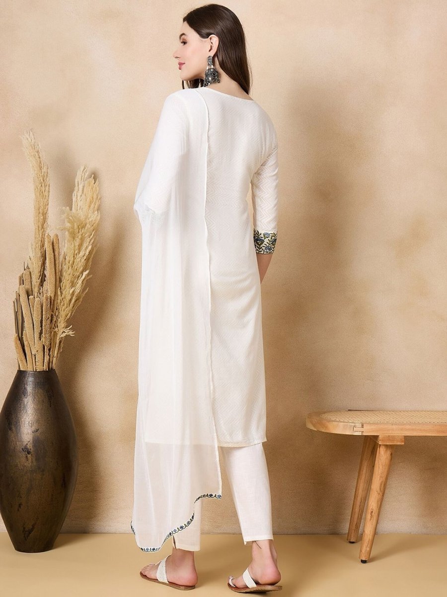 Anouk Floral Embroidered Thread Work Pure Cotton Straight Kurta with Trousers & Dupatta