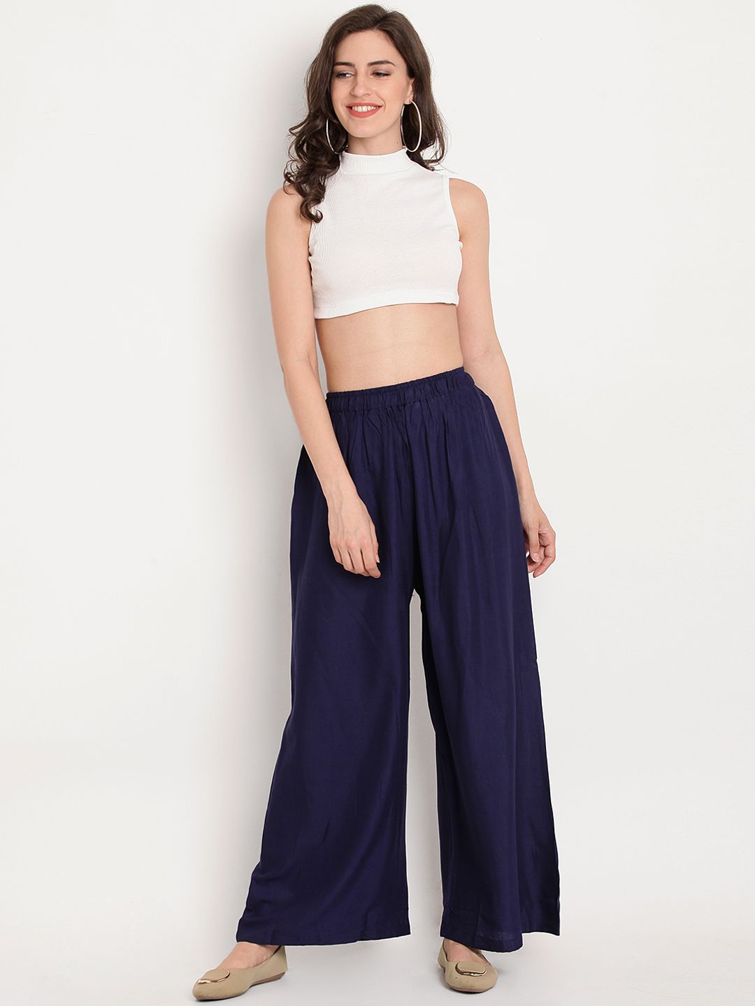TAG 7 Women Navy Blue Solid Flared Palazzos