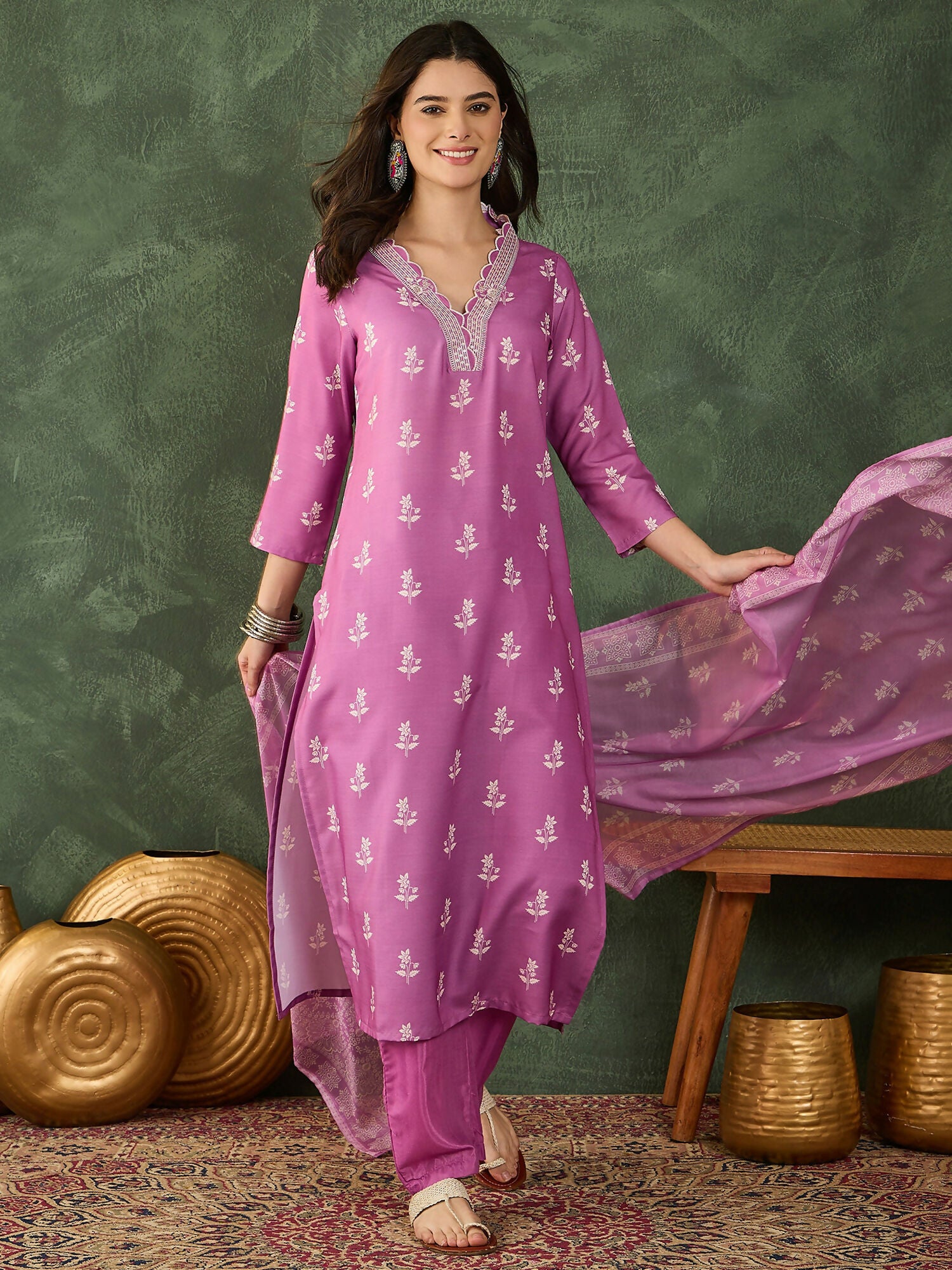 The52 Women's Gorgeous Rayon Fabric Printed Work Straight Kurta Pant and Dupatta Set-Onion - Dista