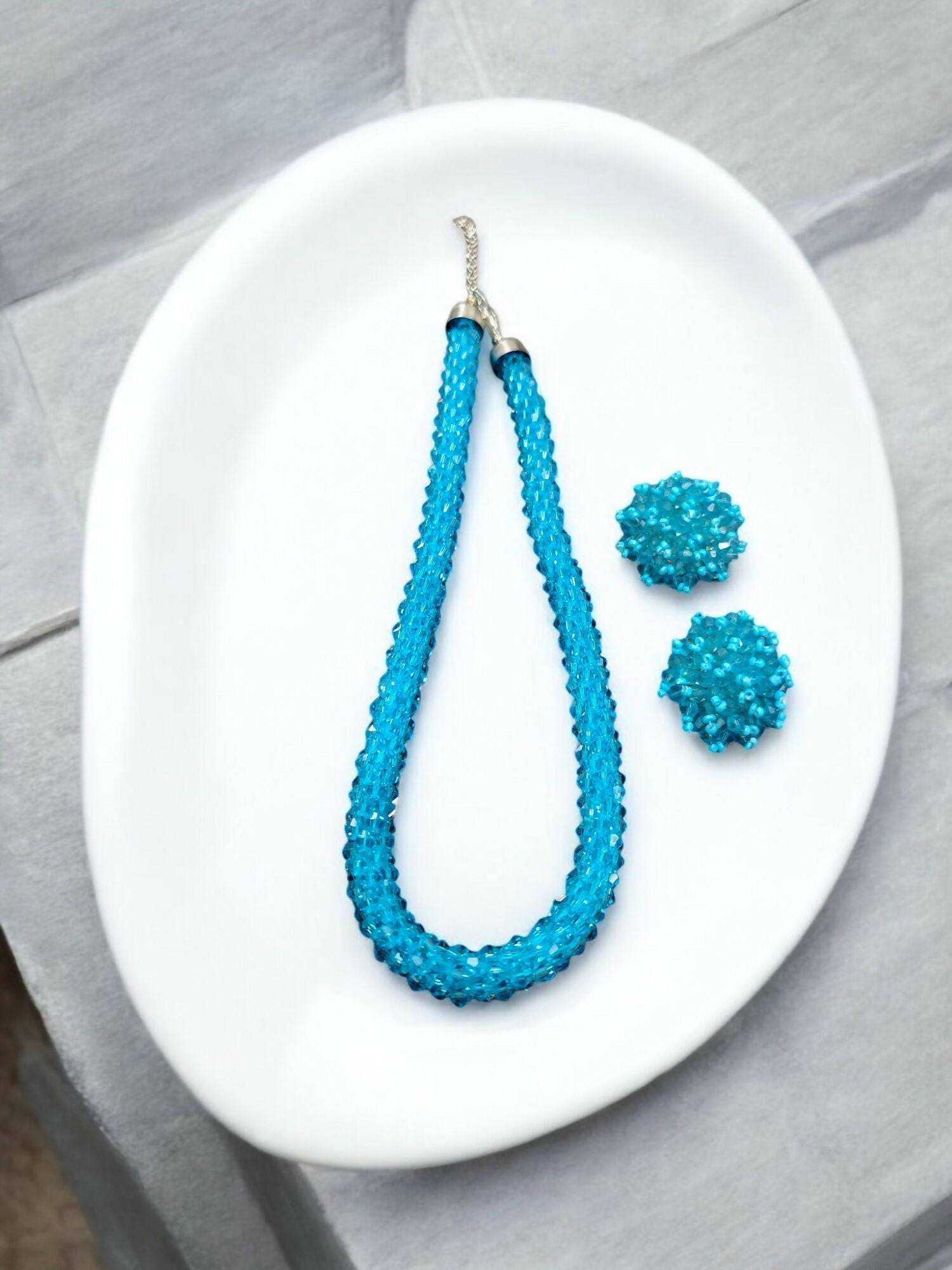 Inhanns Noor-E-Jalwa – Handmade Crystal Bead Necklace / Necklace With Earrings -Adjustable - Sky Blue - Distacart