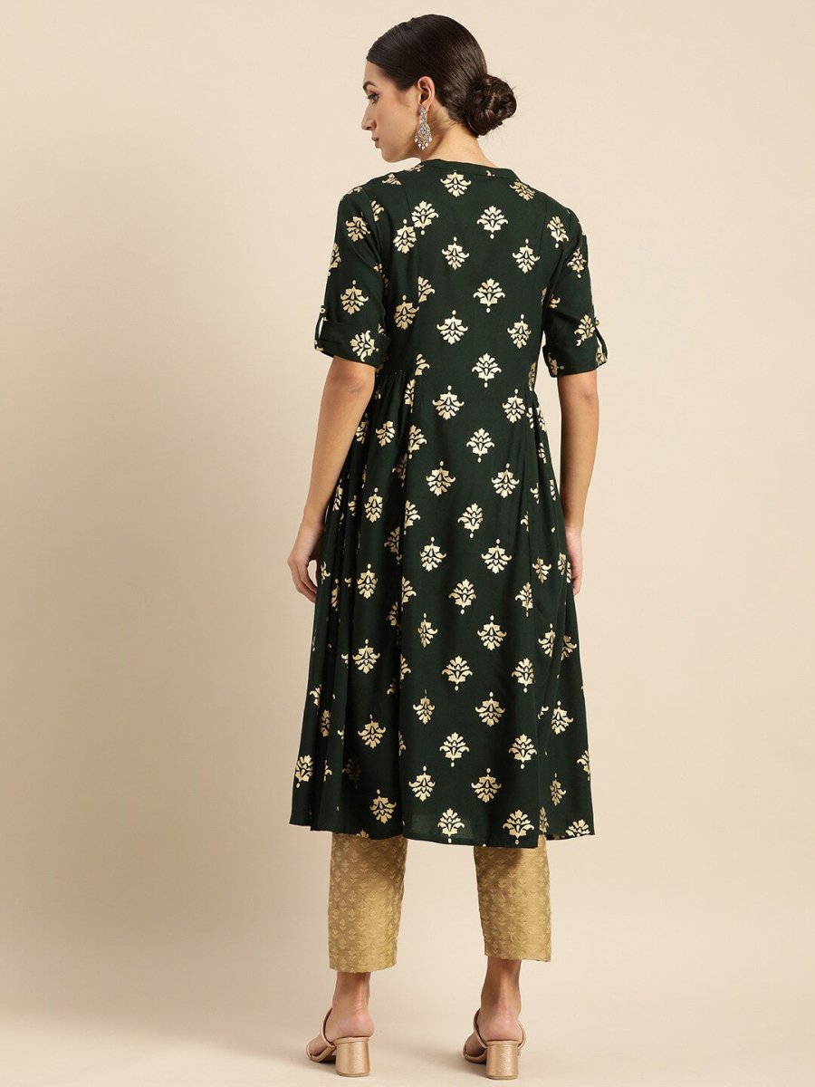 All About You Women Teal Green & Gold-Toned Ethnic Motifs Printed Mirror Work Kurta - Distacart