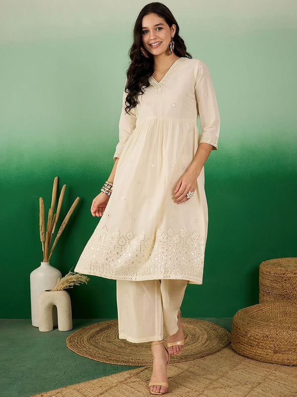 Sangria Off White Floral Embroidered Mirror Work Pure Cotton Anarkali Kurta Set