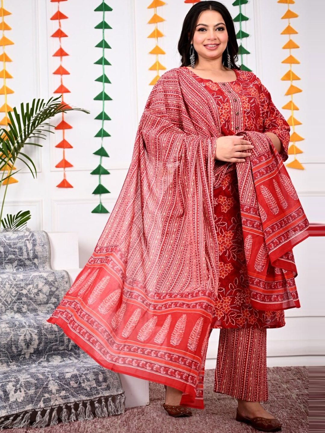 Swasti Plus Size Ethnic Motifs Printed Regular Pure Cotton Kurta with Trousers & Dupatta - Distacart