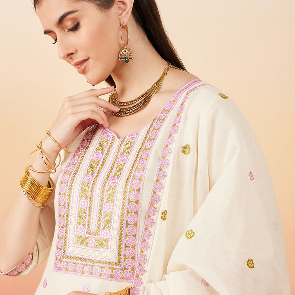 Sangria Floral Embroidered Pure Cotton Straight Kurta With Palazzo & Dupatta - Distacart