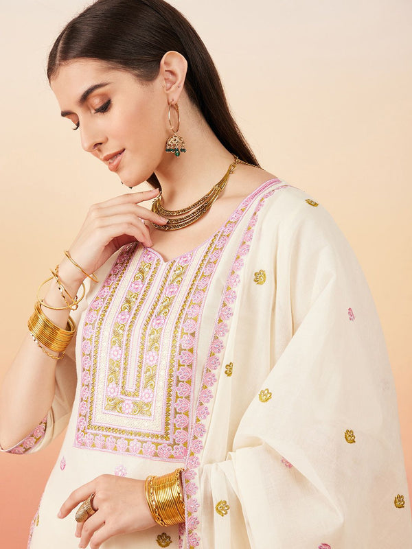 Sangria Floral Embroidered Pure Cotton Straight Kurta With Palazzo & Dupatta