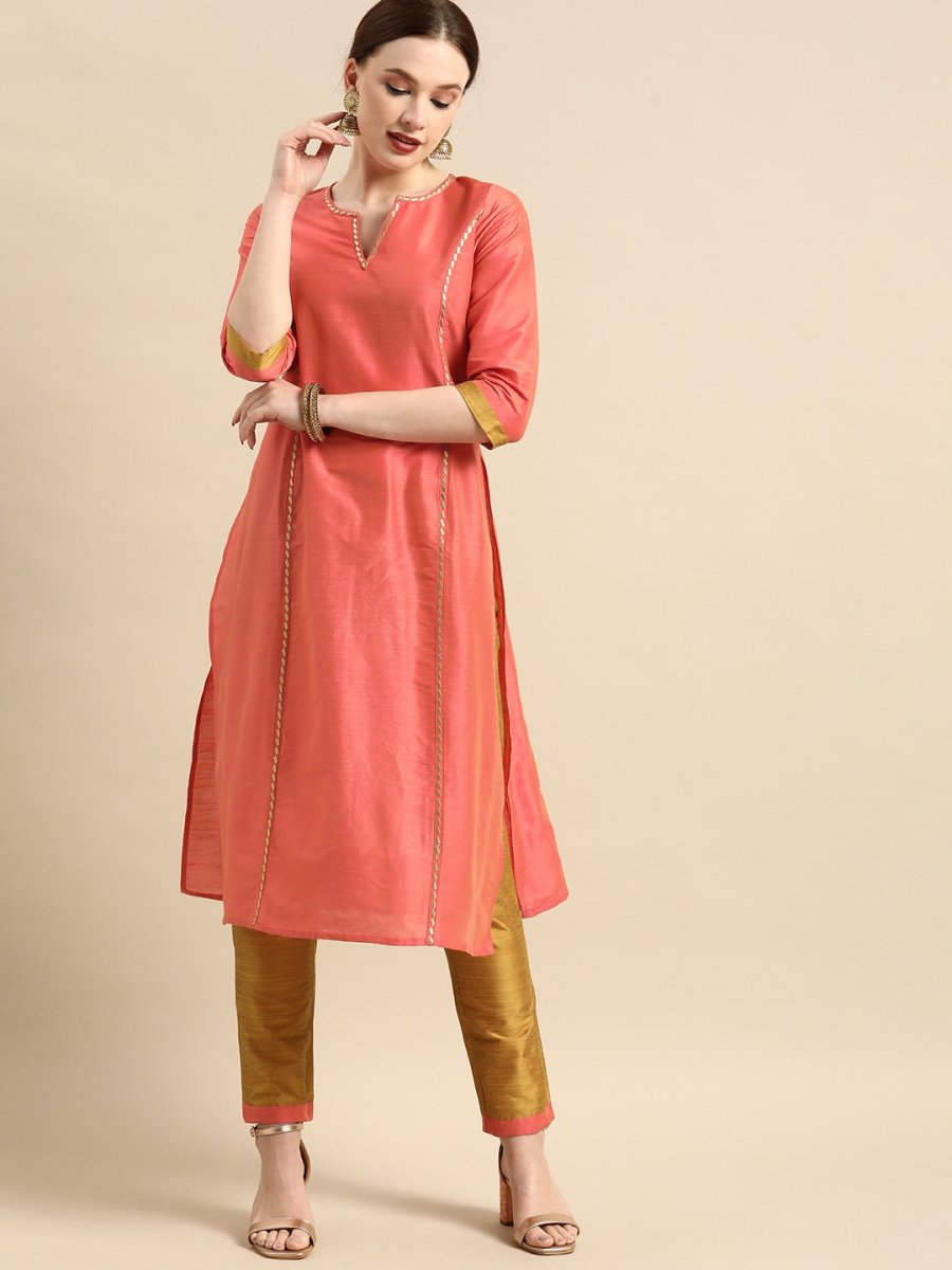 All About You Women Peach-Coloured Embroidered Kurta with Trousers - Distacart