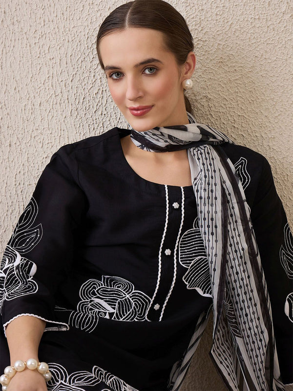 Indo Era Floral Embroidered Round Neck Sequinned Linen Kurta With Trousers & Dupatta