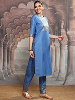 Thumbnail for Vishudh Blue Ethnic Motifs Yoke Design Straight Kurta With Trousers & Dupatta
