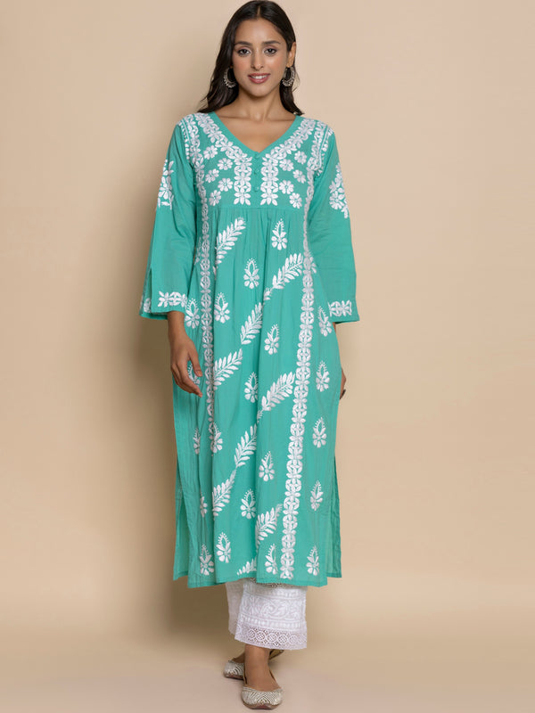 HOUSE OF KARI Floral Embroidered Chikankari Cotton A-Line Kurta - Distacart