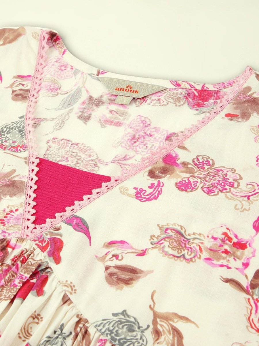 Anouk Cream Floral Printed V-Neck Pure Cotton Anarkali Kurta with Trousers & Dupatta - Distacart