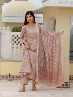 Thumbnail for Anouk Floral Printed Empire Mirror Work Pure Cotton Kurta with Trousers & Dupatta