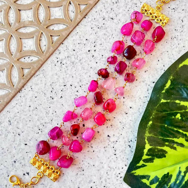 Joban Fashion Pink Brass Natural Stone Three Layered Bracelet