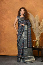 Thumbnail for Very Much Indian Modal Silk Ajrakh Handblock Printed Natural Dyes With Designer Border Saree - Black - Distacart