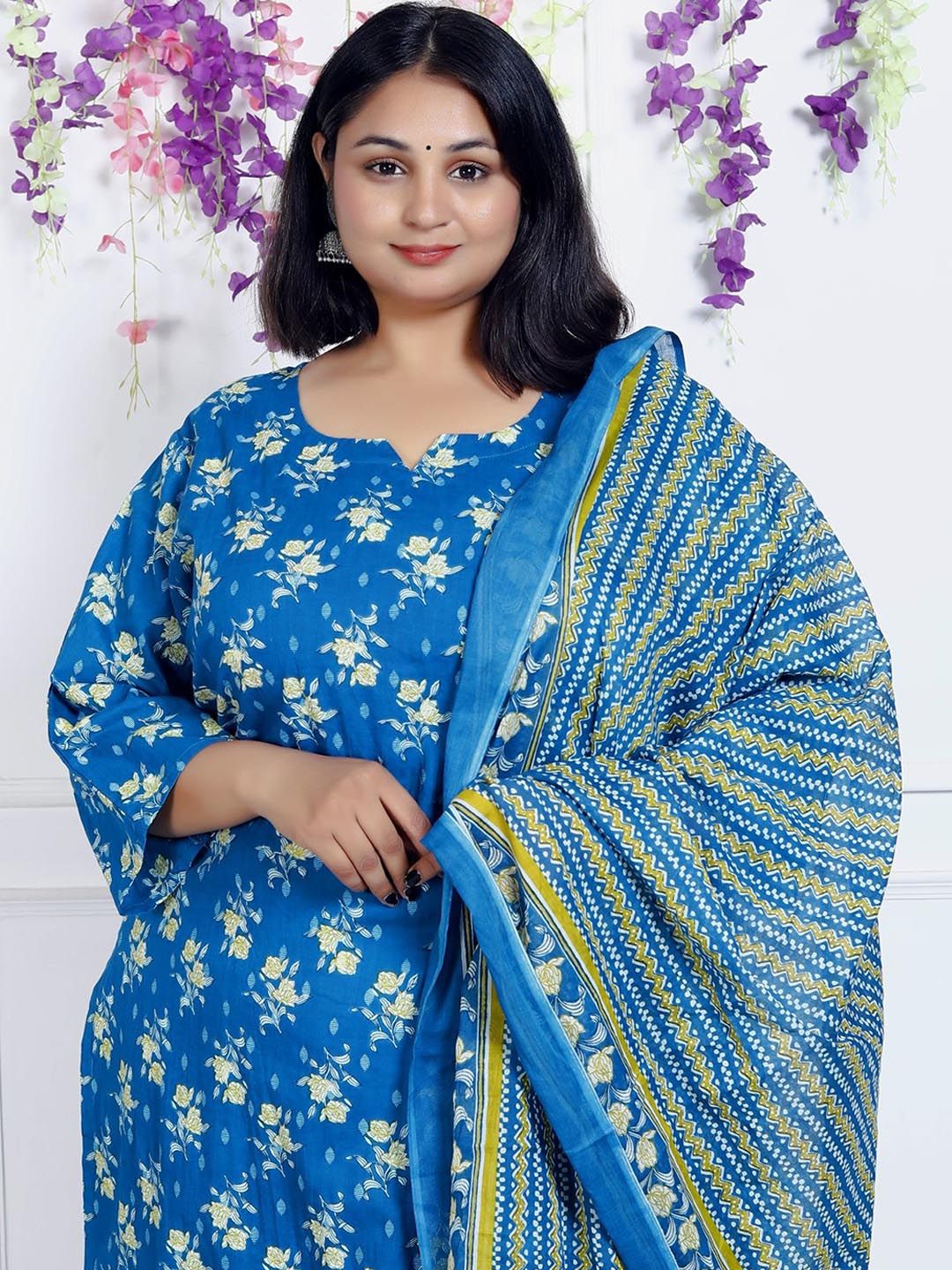 Swasti Women Floral Printed Regular Sequinned Pure Cotton Kurta with Trousers & With Dupatta