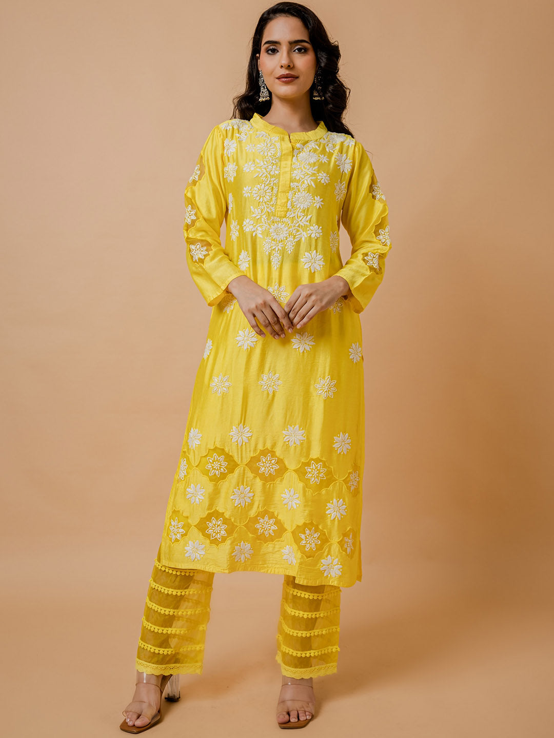HOUSE OF KARI Floral Embroidered Chanderi Silk Chikankari Kurta - Distacart