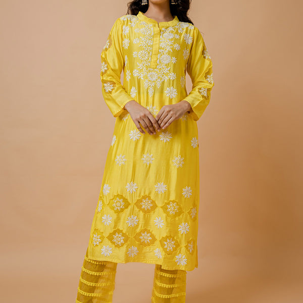 HOUSE OF KARI Floral Embroidered Chanderi Silk Chikankari Kurta - Distacart