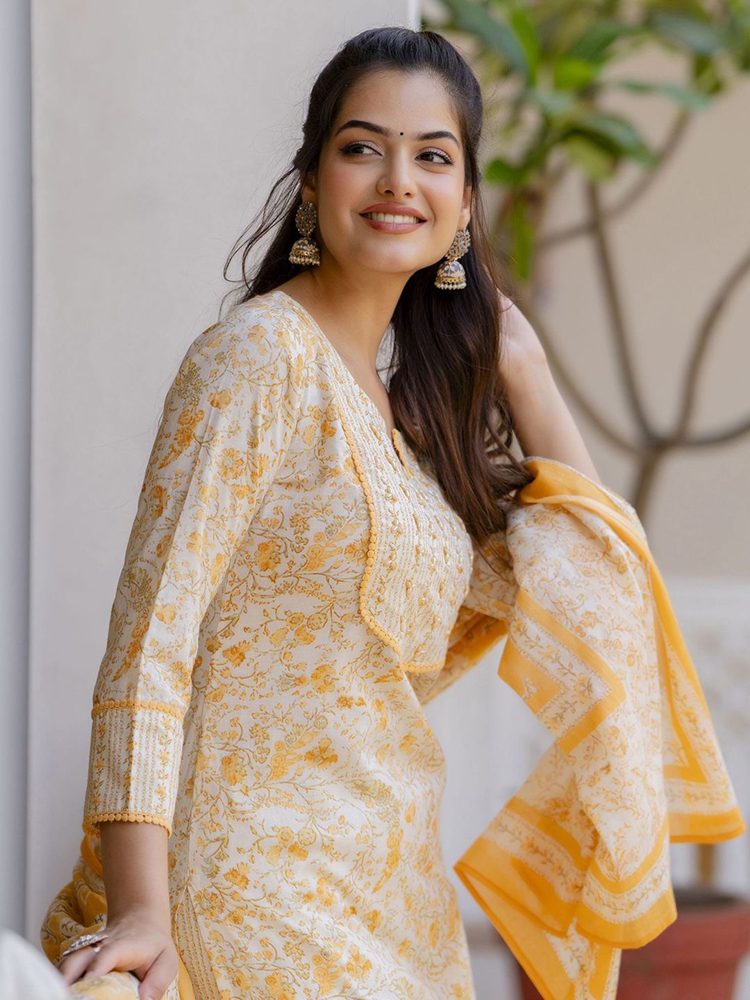 Anouk Women Floral Printed Regular Aari Work Pure Cotton Kurta with Palazzos & With Dupatta