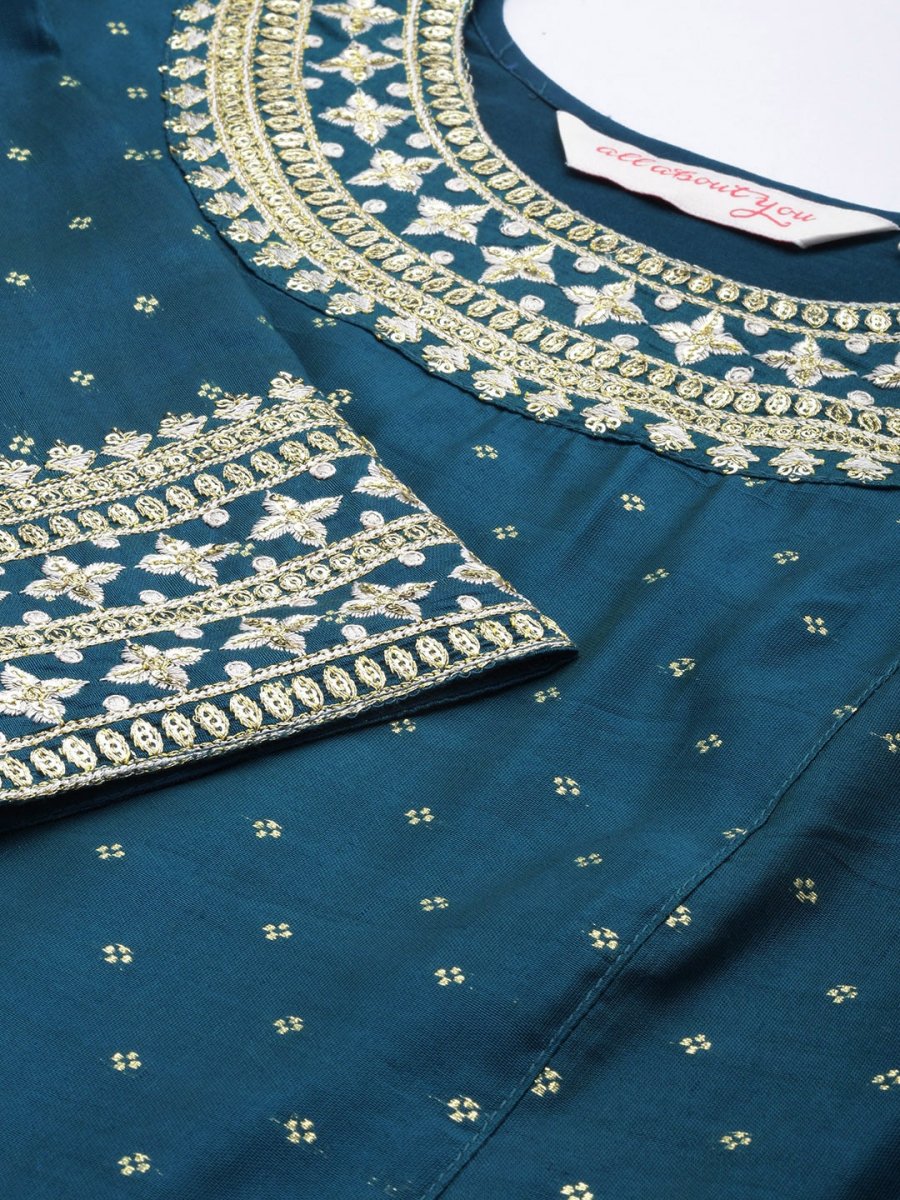 All About You Ethnic Motifs Embroidered Sequinned Kurta With Trousers - Distacart
