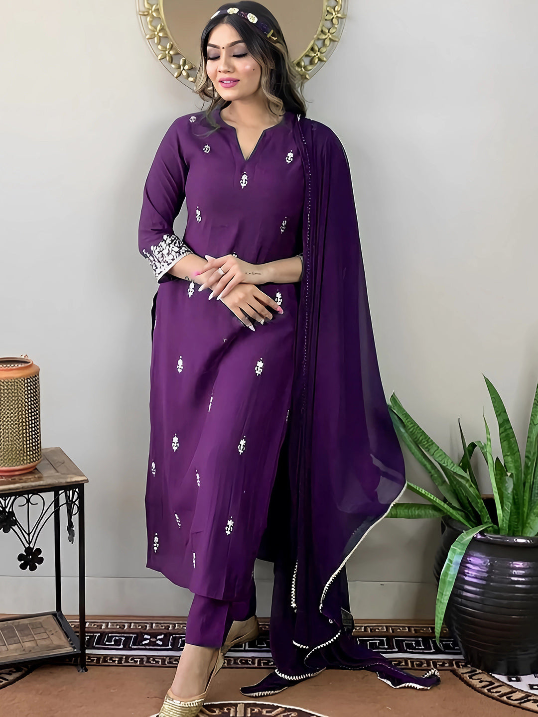 Kalini Floral Embroidered Thread Work Kurta With Trousers & Dupatta - Distacart