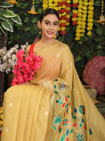 Shree Shyam Fashion Linen Cotton Yellow Saree - Distacart