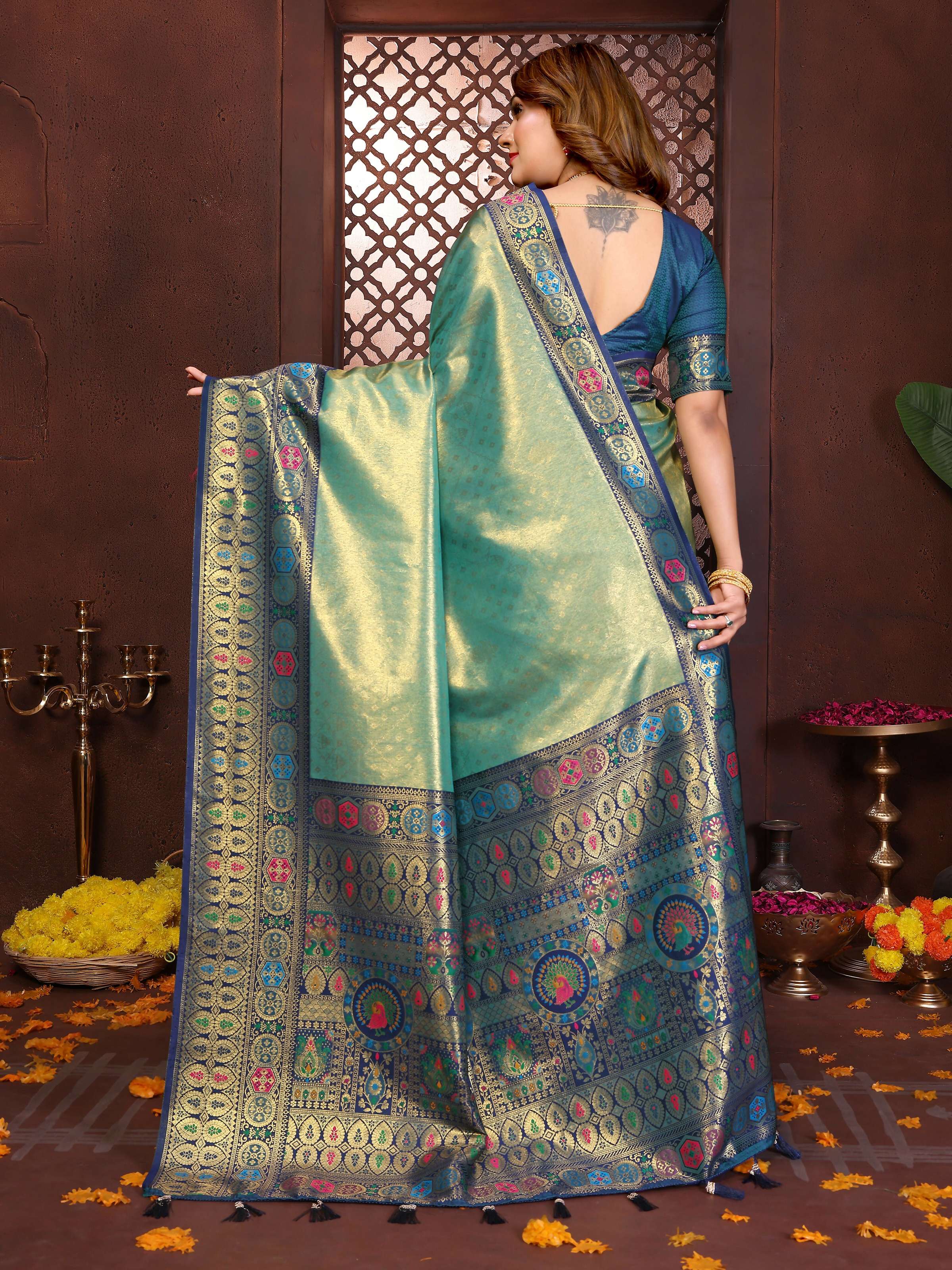 Aastha Fashion Sea Green Tissue Silk Weaving Saree - Distacart
