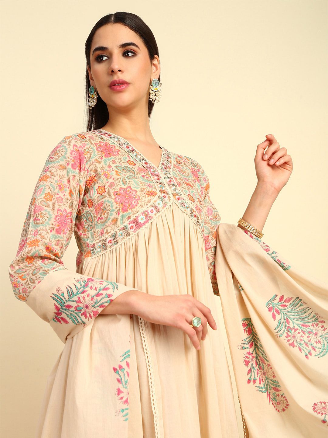 Soch Floral Printed Empire Sequinned Pure Cotton Kurta with Trouser & Dupatta - Distacart